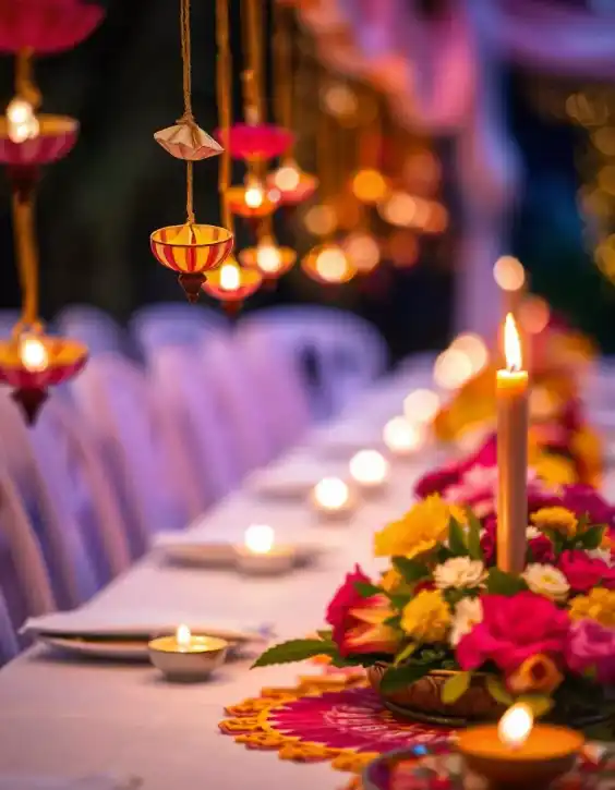 Beautiful Diwali table setup with hanging diyas and flower centerpiece | Elegant Diwali Table Decoration with Hanging Diyas and Floral Simple Diwali Table Decoration Ideas with Diyas and FlowersCenterpiece | Festival Décor Ideas | Decorations Guru