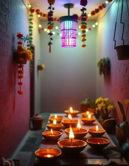 Narrow corridor decorated for Diwali with diyas, marigold flowers, and colorful lanterns | Traditional Diwali Corridor Decor | Festival Décor Ideas | Decorations Guru