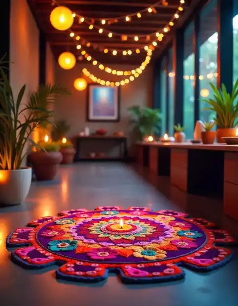 Beautiful rangoli with diya and festive lights for Diwali | Rangoli with Diya and Festive Lights | Festival Décor Ideas | Decorations Guru