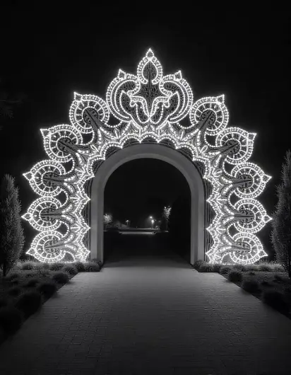 Diwali entrance archway decorated with LED lights in intricate patterns | Grand Diwali Archway with Festive Light Patterns | Festival Entrance Decoration Ideas | Decorations Guru