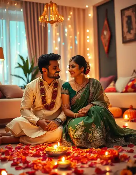 Couple celebrating Diwali with traditional decorations, diyas, and flower petals | Elegant Diwali Home Décor with Traditional Lights and Flowers | Festival Home Decoration Ideas | Decorations Guru