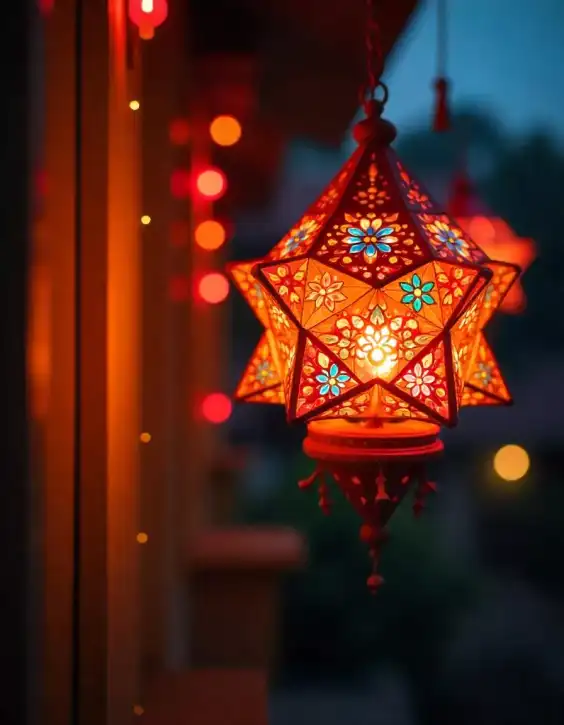 Star-shaped lantern with intricate patterns glowing during Diwali celebration | Star Lantern for Diwali Home Décor | Festival Lantern Decoration | Decorations Guru