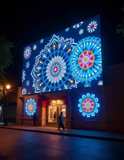 Diwali wall projection with bright mandala designs in the night | Modern Diwali Light Projection Display | Festival Outdoor Decor Ideas | Decorations Guru