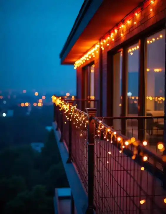 Balcony decorated with fairy lights for a festive evening | Fairy Light Balcony Decoration | Festival Outdoor Decoration | Decorations Guru