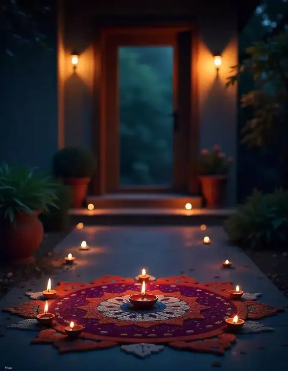 \"Diwali outdoor rangoli with diyas lighting up the entrance | Elegant Diwali Rangoli with Diyas | Festival Outdoor Decoration | Decorations Guru