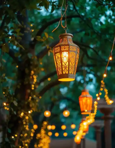 Diwali outdoor decoration with lanterns and fairy lights hanging in trees | Outdoor Lantern and Fairy Light Diwali Decoration | Festival Outdoor Decoration Ideas | Decorations Guru