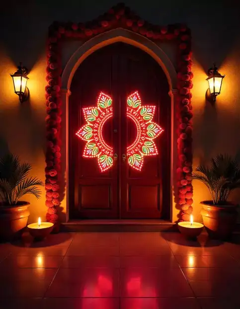 Diwali door decoration with LED rangoli and diyas for an elegant entrance look | Diwali Door Decor with Illuminated Rangoli | Festival Outdoor Decoration Ideas | Decorations Guru