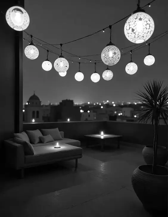 Outdoor Terrace with Lantern Lighting Decoration for Diwali Night | Outdoor Terrace Lantern Lighting for Diwali Night | Festival Outdoor Decorations | Decorations Guru