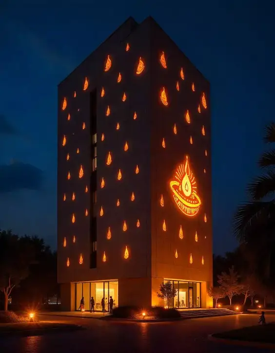 Illuminated building decorated with Diya lighting for Diwali celebration | Illuminated Diwali Building Decoration with Diya Lighting Design | Festival Outdoor Decorations | Decorations Guru