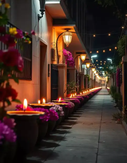 Beautiful outdoor Diwali decoration with rows of lit diyas and vibrant flowers | Traditional Diwali Outdoor Lighting with Diyas and Flowers | Festival Outdoor Decorations | Decorations Guru