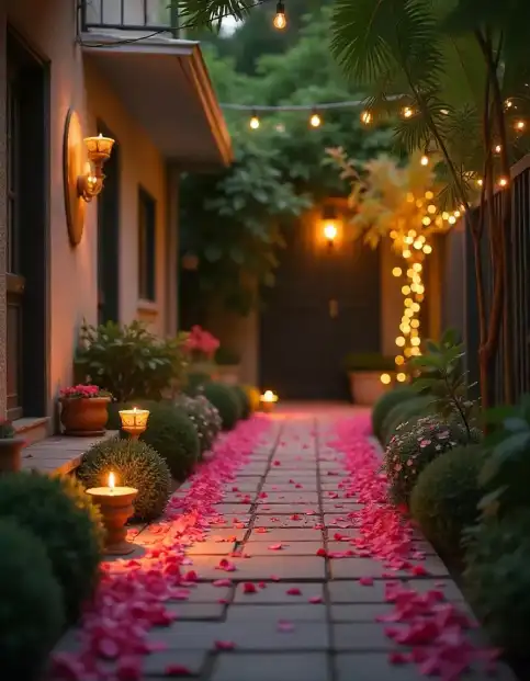 Outdoor Diwali pathway decor with diyas, string lights, and rose petals | Outdoor Diwali Pathway Lighting with Rose Petals and Diyas | Festival Outdoor Decorations | Decorations Guru