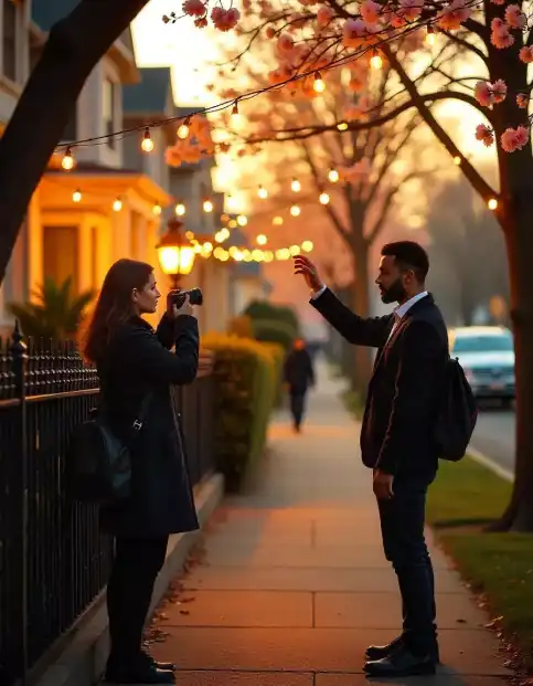 Man and woman capturing blossom street lights during festival celebration | Outdoor Evening Photography with Blossom Lights | Festival Outdoor Decorations | Decorations Guru