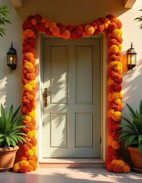 Front door decorated with marigold garland and lanterns for Diwali festival | Diwali Marigold Door Garland with Lanterns | Festival Outdoor Decorations | Decorations Guru