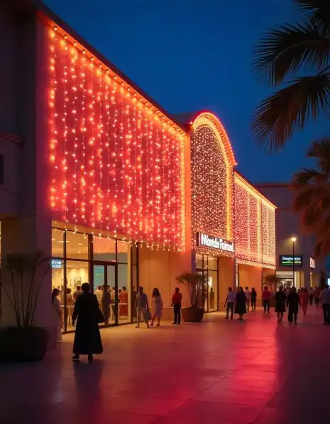 Diwali mall lighting decoration with orange lights at night | Diwali Mall Exterior Lighting Display | Festival Outdoor Decorations | Decorations Guru