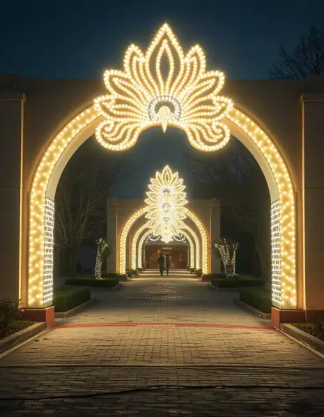 Illuminated archway with decorative lights for Diwali celebration | Diwali Archway Lighting | Festival Outdoor Decorations | Decorations Guru