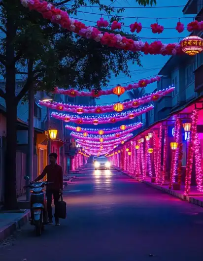 Diwali street decorated with colorful lights and hanging lanterns at dusk | Enchanting Diwali Street Decorations with Festive Lights and Lanterns | Festival Outdoor Decorations | Decorations Guru