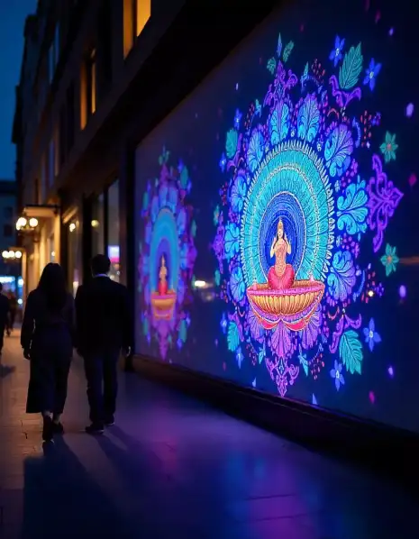 Building exterior with a vibrant Diwali mandala projection and people walking by | Digital Diwali Mandala Projection on Building Exterior | Festival Outdoor Projection Decoration | Decorations Guru