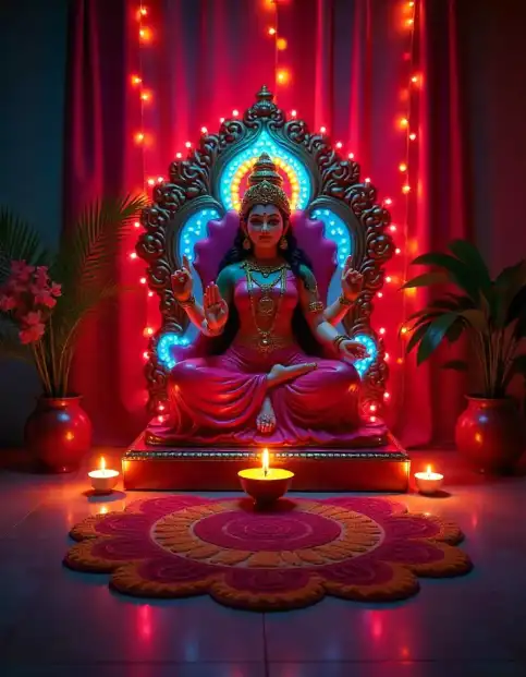 Lakshmi Pooja setup with vibrant lighting, diya, and rangoli for Diwali festiva | Divine Lakshmi Pooja Setup with Rangoli & Lights | Festival Pooja Decorations | Decorations Guru