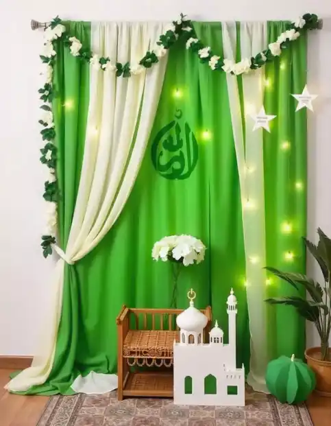 Green Eid curtain backdrop with lights, floral garland, and decorative stars | Elegant Green Eid Curtain Backdrop with Lights and Floral Garland | Festive Decor Ideas | Decorations Guru