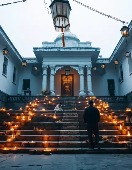 Diwali staircase decorated with lit diyas for festive celebration | Traditional Diwali Deepavali Stairway Diya Lighting | Festive Home Decor | Decorations Guru