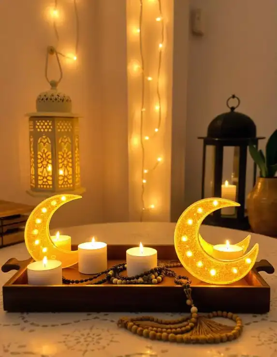 Eid candlelight display with glowing crescent moons, lanterns, and tea candles. | Eid Candlelight Crescent Display | Festive Lights | Decorations Guru