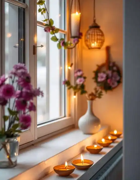 Candlelight window decoration with flowers for a cozy Diwali atmosphere | Candlelight Window Décor with Flowers for Festive Mood | Home Decoration for Diwali | Decorations Guru