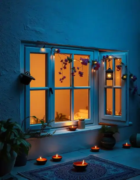 A beautifully lit Diwali window with hanging lanterns and diyas arranged outside. | Diwali Window Lantern & Diyas Decoration | Home Diwali Décor | Decorations Guru