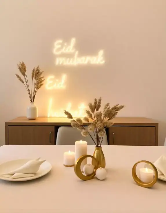 Minimalist Eid Mubarak table décor with candles, crescent moon accents, and dry flowers | Modern Eid Mubarak Candle and Minimalist Crescent Moon Décor | Home Décor - Eid | Decorations Guru