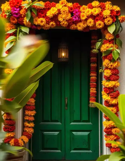 Diwali doorway decoration with marigold flowers and hanging lantern | Doorway Diwali Flower Decoration with Marigolds | Home Entrance Decoration | Decorations Guru