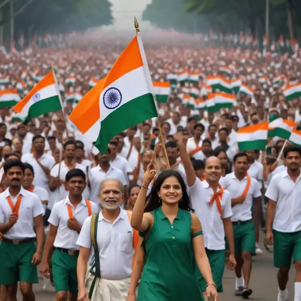 Crowd celebrating Indian Independence Day with flags