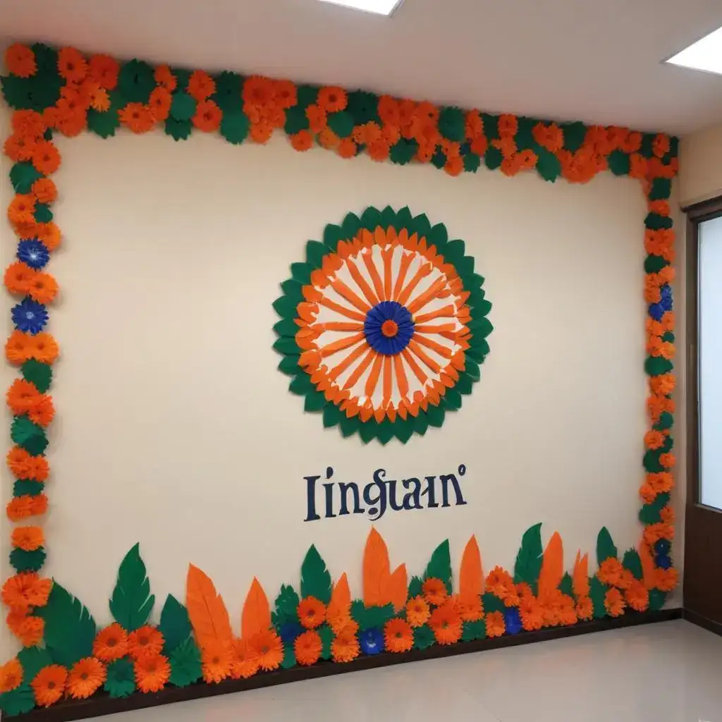 Vibrant Independence Day Board Decoration with Orange, White, and Green Paper Flowers and Ashoka Chakra