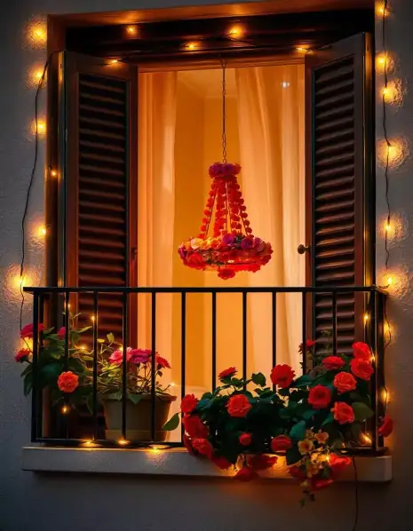 Diwali balcony decorated with string lights, flowers, and a hanging floral chandelier | Festive Diwali Balcony Decoration with Lights and Floral Chandeliers | Indian Festival Decor | Decorations Guru