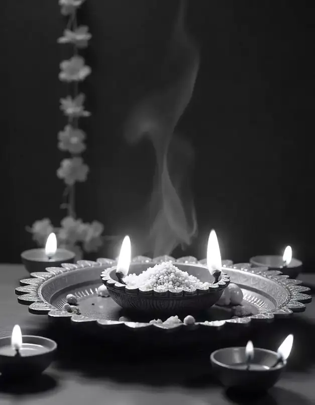 Diwali Pooja Decoration with Lit Diyas and Rice Offerings on a Traditional Plate | Simple Diwali Pooja Decoration Ideas | Indian Festival Decoration | Decorations Guru