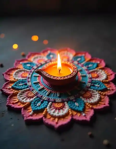 Vibrant Rangoli with a lit Diya for Diwali, featuring traditional Indian designs | Colorful Rangoli with Lit Diya for Diwali Celebration | Indian Festival Decoration | Decorations Guru