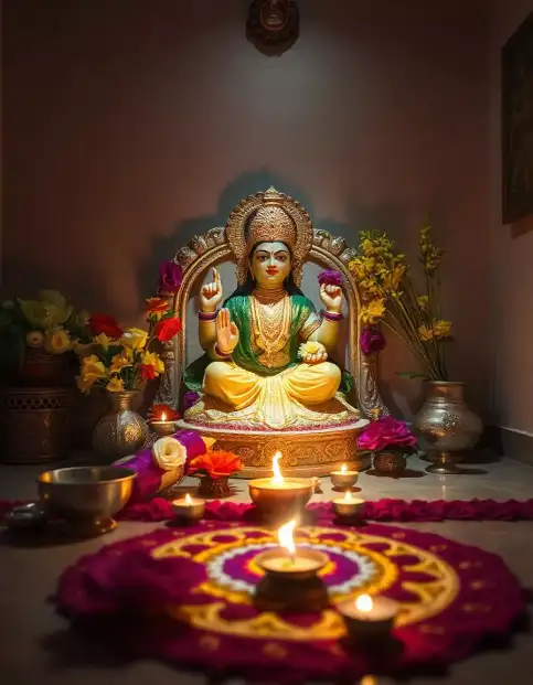 Diwali Lakshmi Puja setup with Rangoli, diyas, and floral decorations | Traditional Lakshmi Puja Altar Decoration for Diwali | Indian Festival Decoration Ideas | Decorations Guru