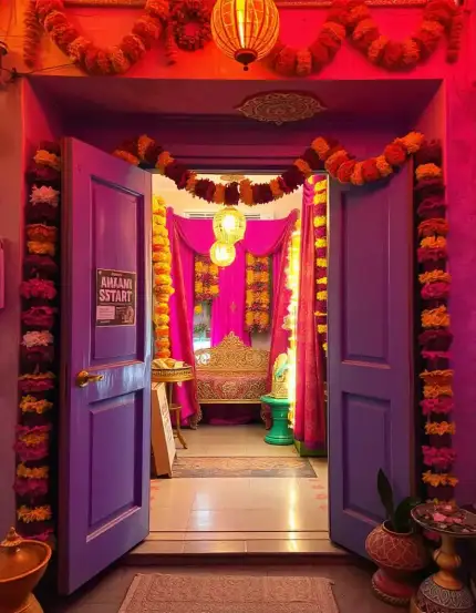 Vibrant marigold garland entrance decoration for Diwali festival | estive Entrance Decoration with Marigold Garland for Diwali | Indian Festival Decoration Ideas | Decorations Guru