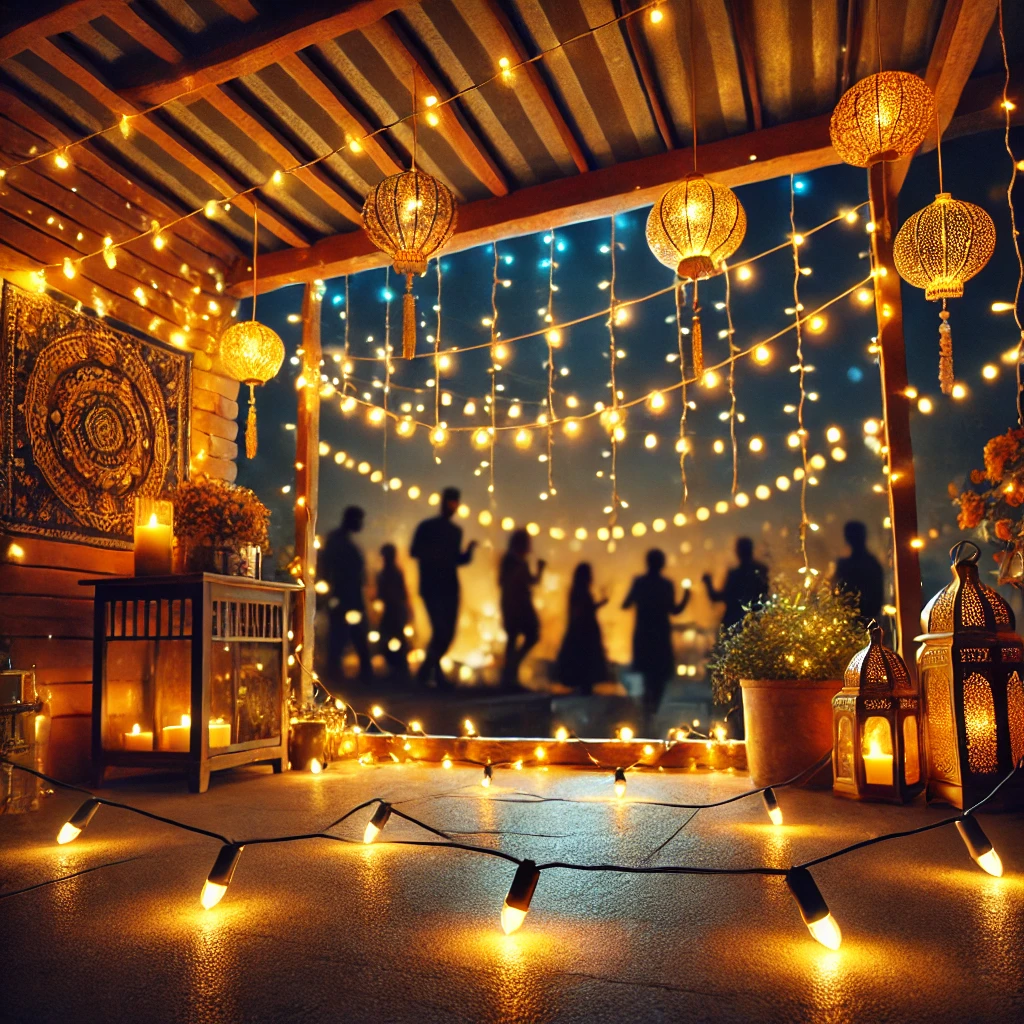 Outdoor festive lighting with string lights and decorative lanterns for Diwali celebration | Outdoor String Lights and Lanterns for Diwali Celebrations | Indian Festival Decoration Ideas | Decorations Guru