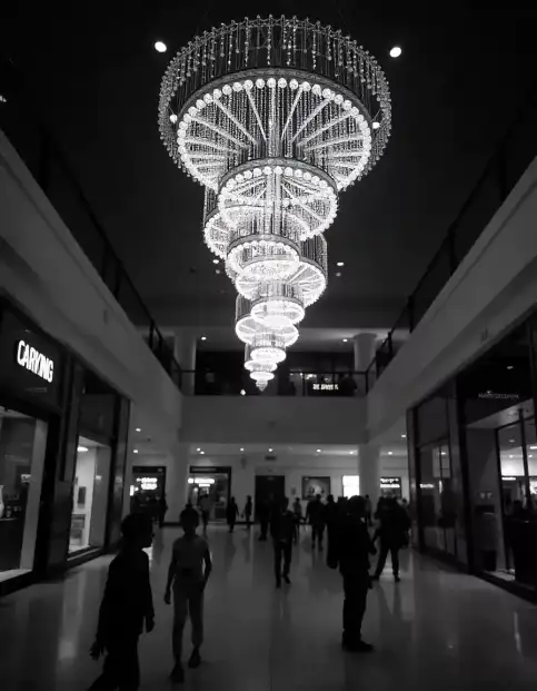 Elegant Diwali chandelier decoration in mall with shoppers walking below | Luxury Diwali Chandelier Mall Decoration | Indian Festival Décor | Decorations Guru