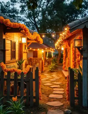 Outdoor Diwali decoration with marigold garlands and string lights at dusk | Traditional Outdoor Diwali Decor with Marigold Garlands and String Lights | Indian Festival Décor | Decorations Guru