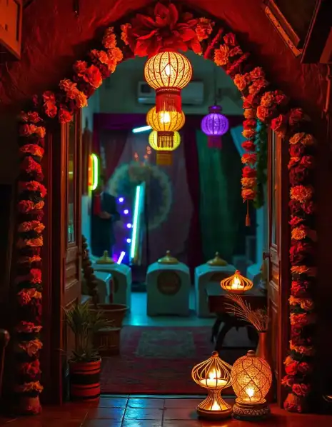 Beautiful Diwali entrance decorated with colorful lanterns and floral toran | Traditional Diwali Entrance with Hanging Lanterns and Floral Toran | Indian Festival Entrance Decorations | Decorations Guru