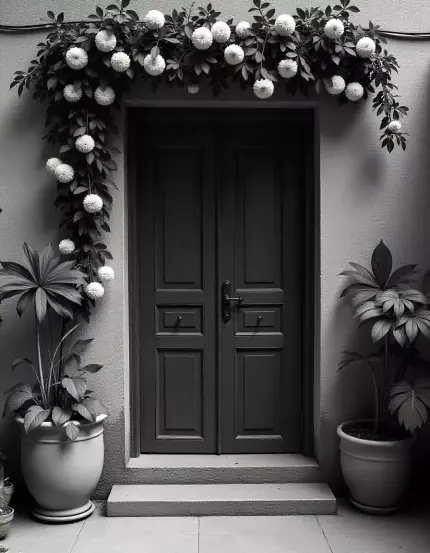 Black door decorated with white marigold flowers and green plants on each side | Simple Marigold Flower Archway for Diwali Entrance | Indian Festival Outdoor Decoration | Decorations Guru