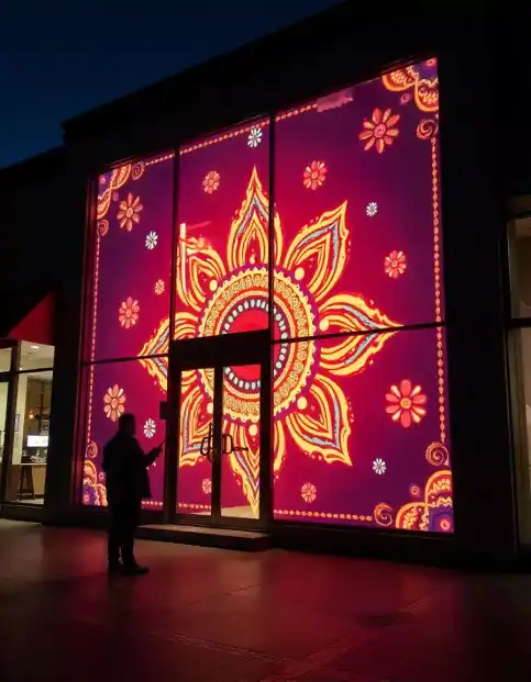 Rangoli festival projection on a glass wall with vibrant lights | Festival Rangoli Projection on Glass Wall | Indoor and Outdoor Festival Décor | Decorations Guru