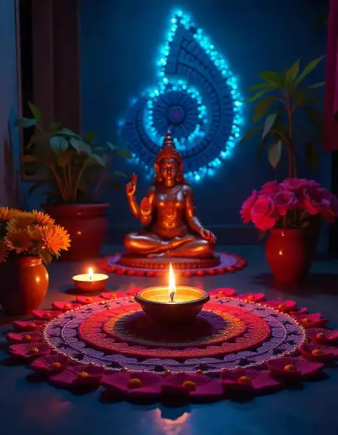 A beautifully lit diya placed on a vibrant rangoli with flowers and a Lakshmi idol in the background | Elegant Diwali Rangoli with Diya and Floral Decor | Indoor Decorations | Decorations Guru