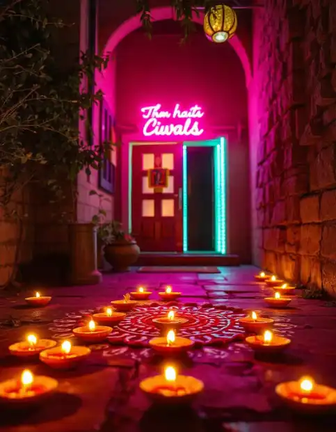 Diwali entrance decorated with diyas, rangoli, and neon lights | Traditional Diwali Entrance Decor with Diyas and Rangoli | Indoor Diwali Decoration | Decorations Guru