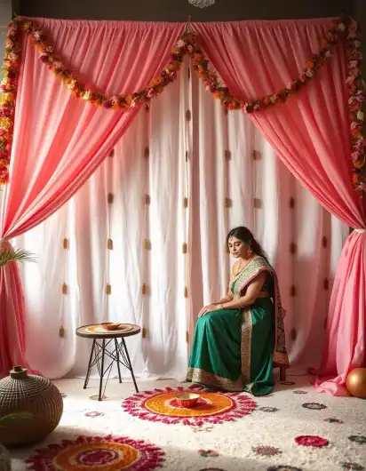 Woman sitting in front of Diwali decoration with pink and white curtain backdrop, marigold flower garland, and colorful Rangoli | Elegant Diwali Backdrop with Floral Marigold Garland and Rangoli | Indoor Diwali Decoration | Decorations Guru