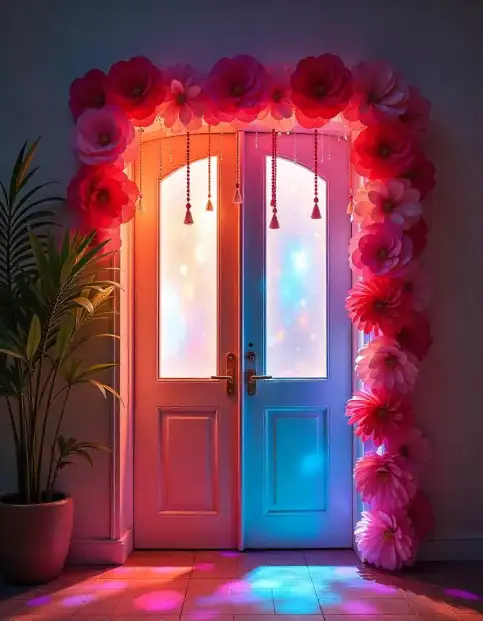 Colorful floral doorway decoration with warm lighting for Diwali | Floral Doorway Decoration | Indoor Diwali Decorations | Decorations Guru