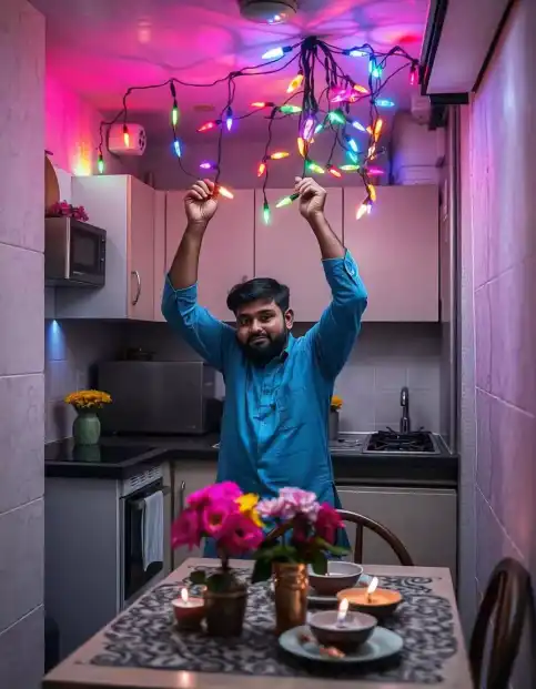 Man setting up colorful string lights for Diwali in a cozy kitchen | Charming Indoor Diwali Decoration with Vibrant String Lights for a Festive Home Ambience | Indoor Diwali Decorations | Decorations Guru