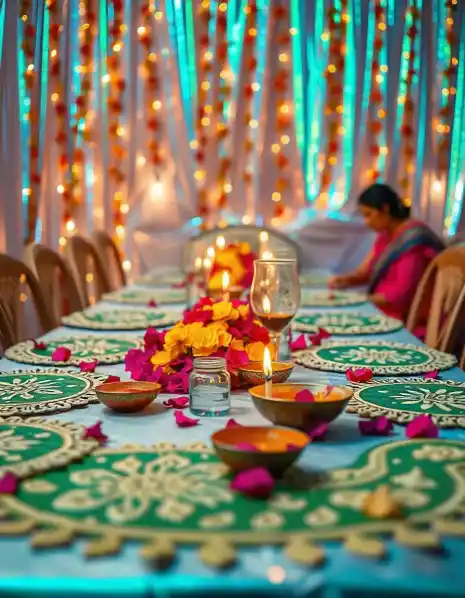 Diwali dinner table decorated with marigold garlands and candle lights | Diwali Dinner Table Decoration with Marigold Garlands and Lights | Indoor Diwali Decorations | Decorations Guru