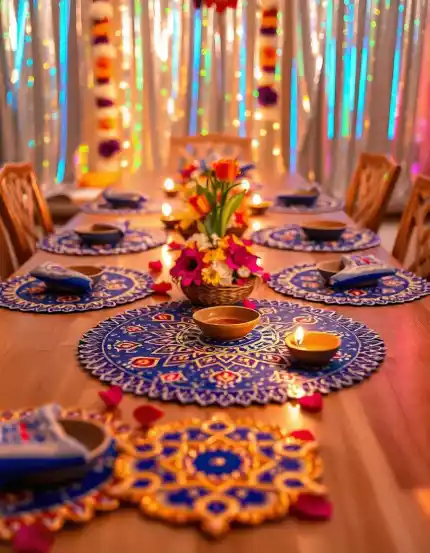 Beautifully decorated Diwali table with rangoli mats, diyas, and flowers | Diwali Table Décor with Rangoli Mats and Diyas | Indoor Diwali Decorations | Decorations Guru