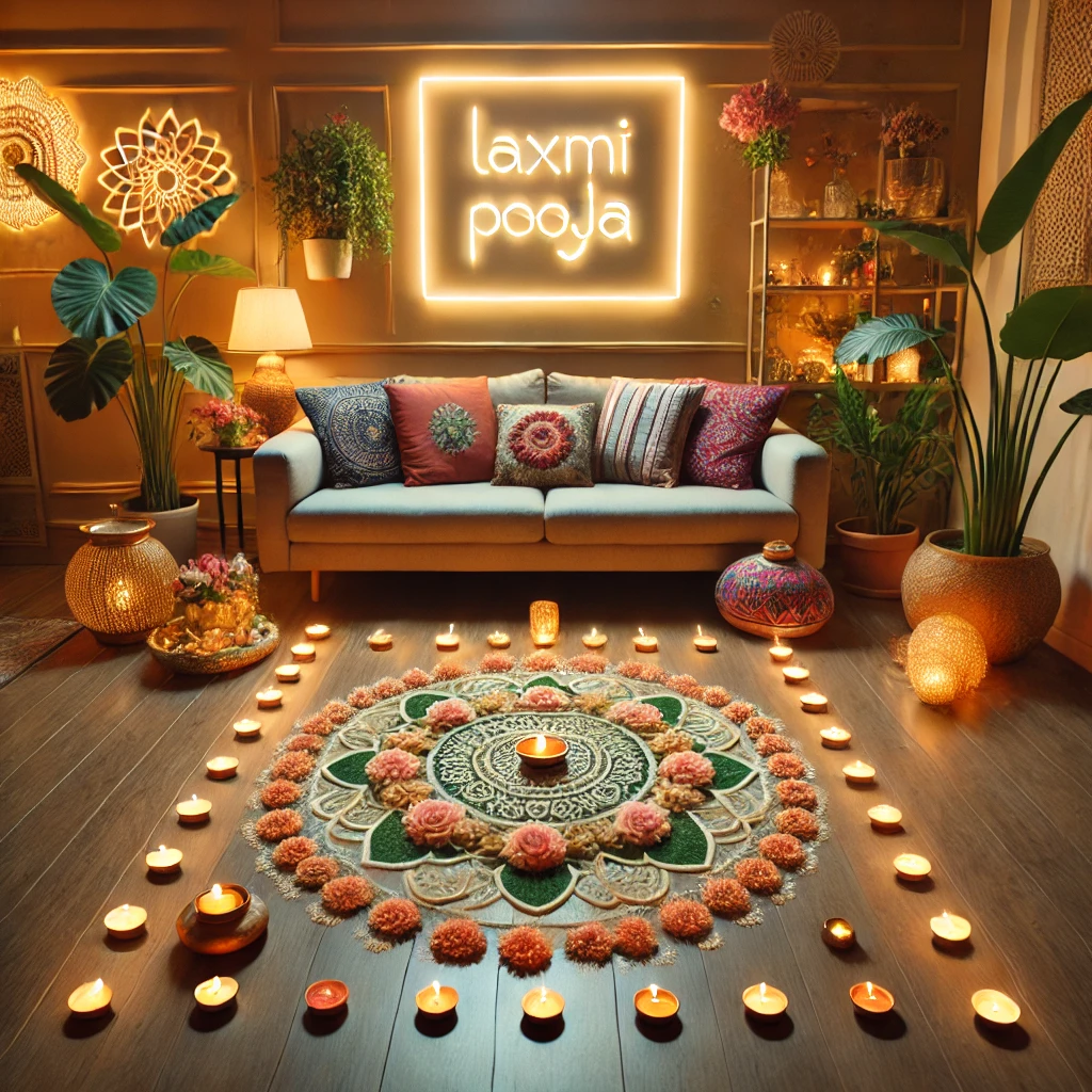 Diwali living room décor with rangoli, diyas, and warm lighting | Elegant Diwali Living Room Setup with Rangoli and Diyas | Indoor Diwali Decorations | Decorations Guru